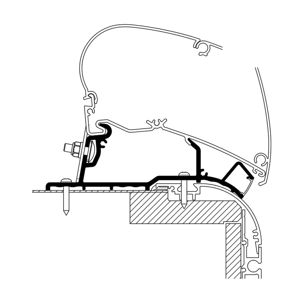 Thule Caravan Roof Adapter, tendalini a tetto caravan, versione 500CM CON CANALINA LED: disegno di montaggio
