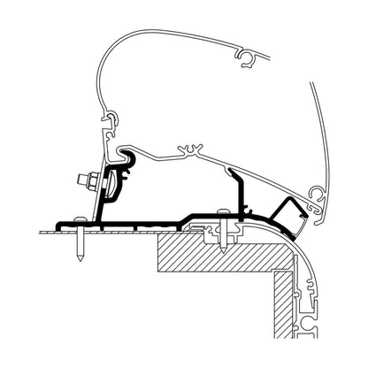Thule Caravan Roof Adapter, tendalini a tetto caravan, versione 500CM CON CANALINA LED: disegno di montaggio