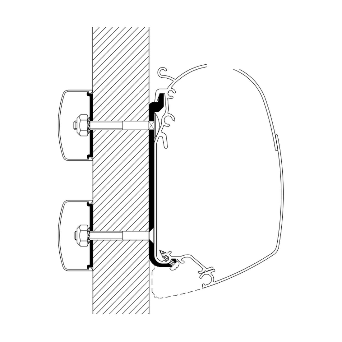 Thule Flat Adapter, adattatore tendalini su parete piatta: disegno di montaggio