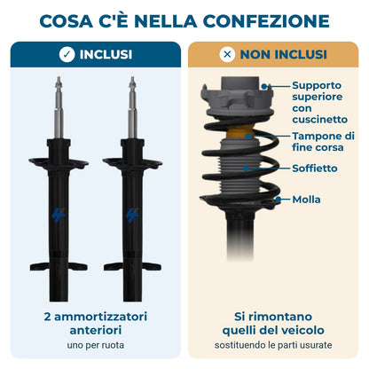 Contenuto della confezione: 2 ammortizzatori inclusi; molla, tampone, soffietto e supporto superiore non inclusi