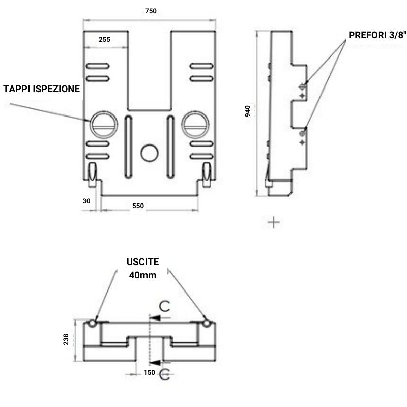 Aplast serbatoio sottopianale 75L disegno tecnico misure